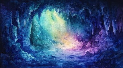 A mystical watercolor landscape of a glowing cave illuminated by bioluminescent fungi and crystals. Shades of deep blue, green, and purple blend together to create an otherworldly scene. The 