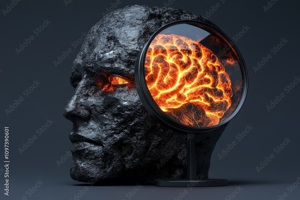 Aufkleber metallic sculpture of a human head with glowing neural systems visible through a magnifying lens sym