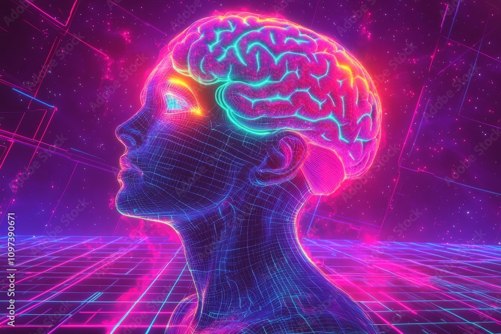 Poster artistic neon profile of a human head with glowing pink neural connections extending into a grid sym