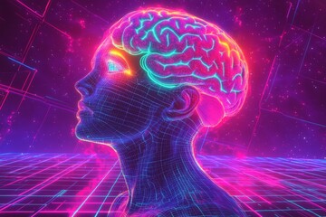Artistic neon profile of a human head with glowing pink neural connections extending into a grid symbolizing creativity artificial intelligence and cognitive design
