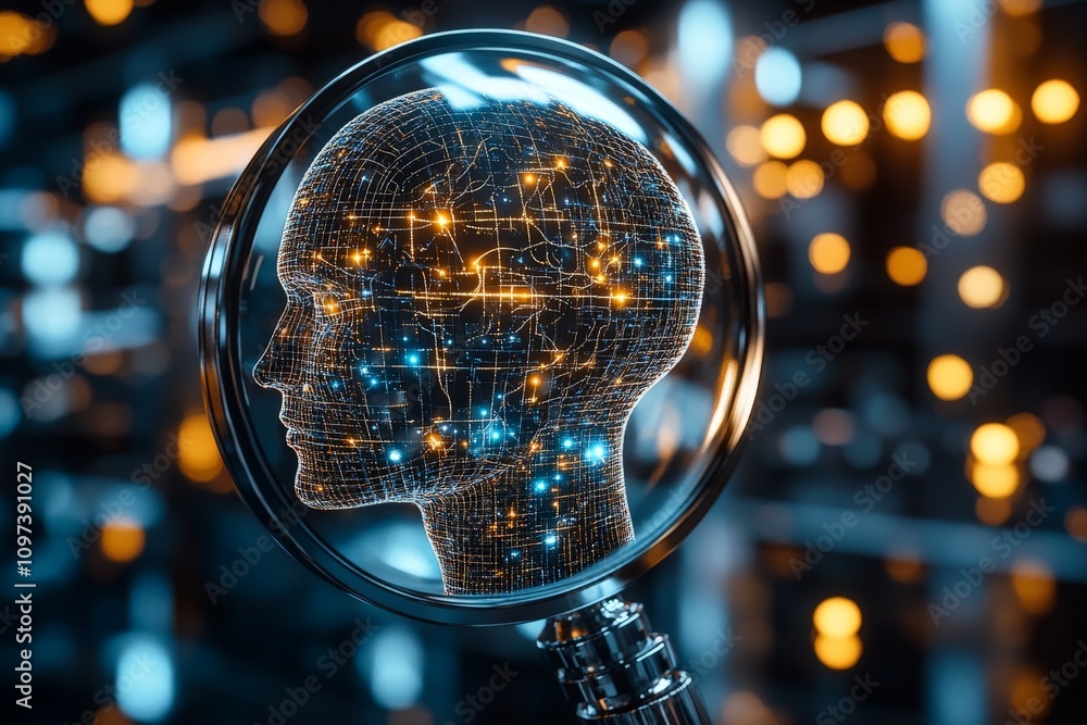 Aufkleber magnifying glass examining glowing blue neural circuits in a human head symbolizing artificial intel