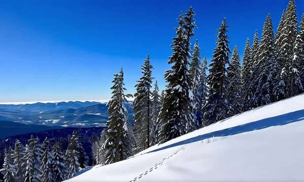 White Snow And Blue Sky In Mountain View