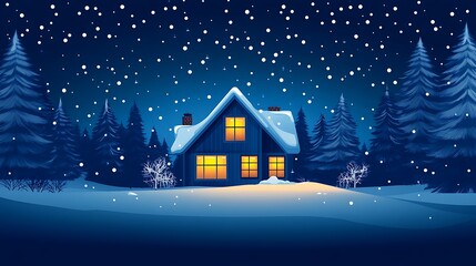 Fototapeta premium A warm and inviting dark-blue house glowing brightly in the night, surrounded by snow-covered trees, offering a sense of comfort and calm