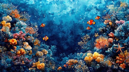 A stunning watercolor coral reef scene filled with vibrant marine life, including clownfish, starfish, and sea anemones. The rich hues of turquoise, coral, and gold bring the underwater world 