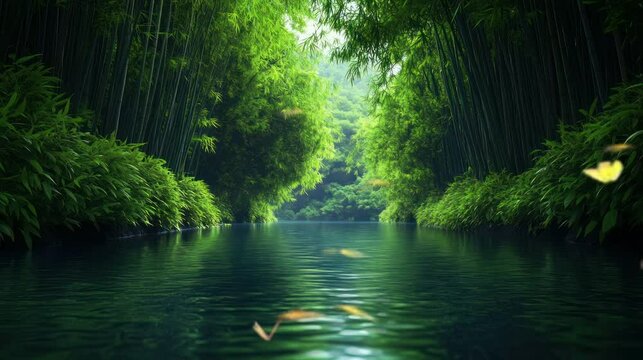 a beautiful river in the middle of a cool bamboo forest. seamless looping time-lapse virtual 4k video Animation Background.	