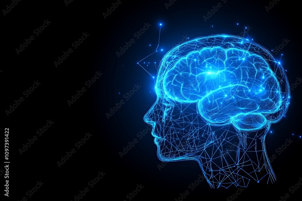 Aufkleber abstract blue neural profile of a human head with glowing connections visualized in a digital networ