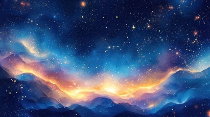 A stunning watercolor night sky filled with swirling stars and glowing constellations in shades of blue, purple, and gold. The abstract composition feels expansive and awe-inspiring 