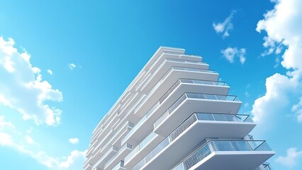 Detail of Modern residential apartment flat building exterior. Fragment of New luxury house and home complex. Part of City Real estate property and condo architecture. Copy space. Blue sky