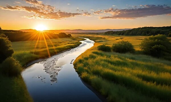 Winding River Through Wide Grass Field