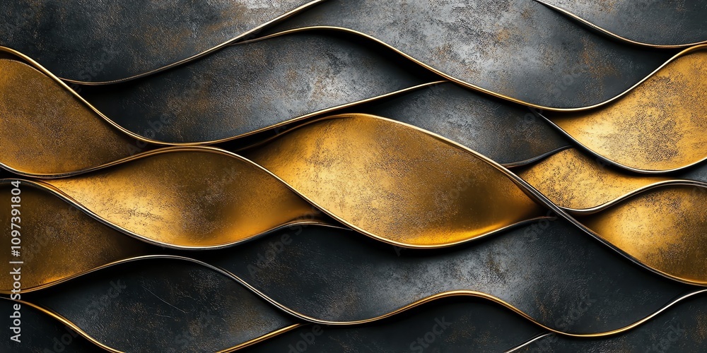 Poster a textured abstract design featuring interwoven metallic waves in gold and dark tones.
