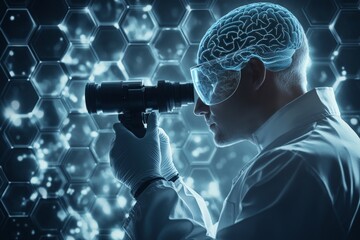 Futuristic profile of a human head with glowing neural circuits connected to a digital matrix symbolizing artificial intelligence and data driven research