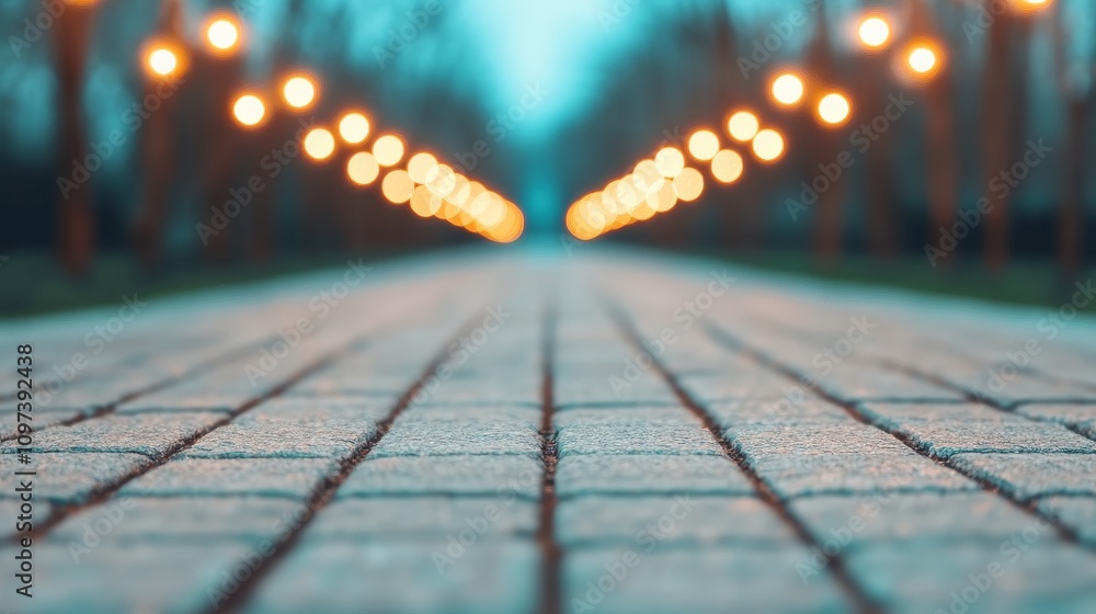 Aufkleber cobblestone path towards the light: a perspective shot of a paved pathway leading into a row of glow