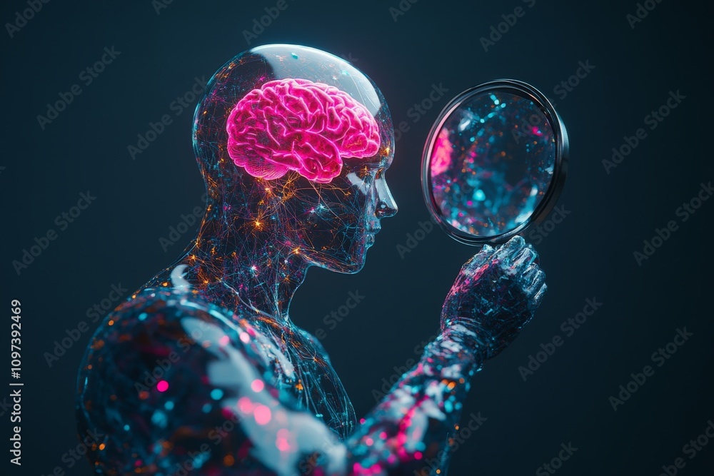 Aufkleber digital rendering of a human figure with a glowing pink brain analyzing neural activity under a magn