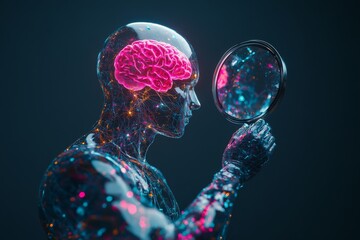 Naklejka premium Digital rendering of a human figure with a glowing pink brain analyzing neural activity under a magnifying glass set against a futuristic blue background