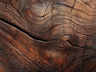 Obraz premium Aged wood texture with a rough surface and deep grain lines in various shades of brown and black, showcasing natural imperfections and rustic characteristics.