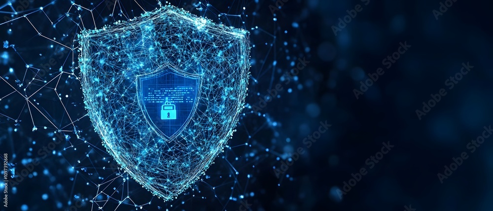 Poster digital shield symbolizing cybersecurity with a network background.