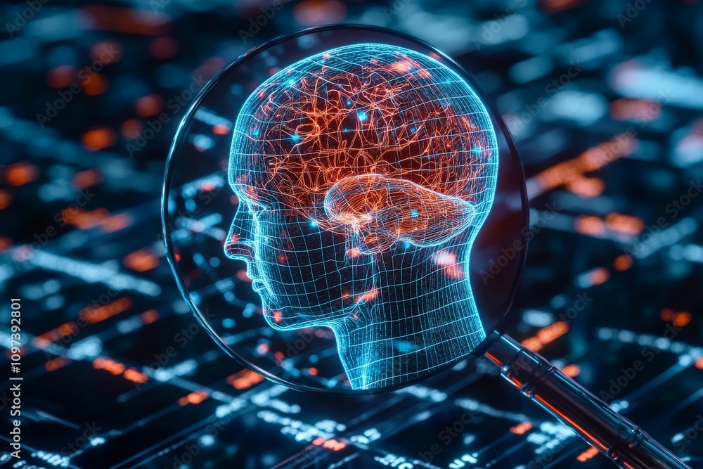 Aufkleber close up digital rendering of a magnified glass over a transparent head with an orange glowing brain