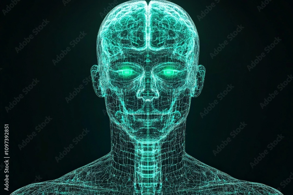 Aufkleber futuristic illustration of a human head constructed from glowing cyan digital grids showcasing advan