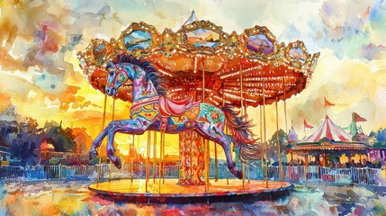 Fototapeta premium A whimsical watercolor depiction of a carousel at sunset, with vibrant horses painted in bold patterns. The festive colors blend harmoniously with the warm tones of the sky. The composition 