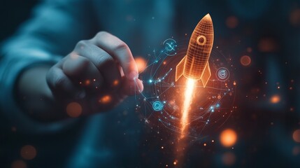 Merchants touch virtual screens with business icons (including rockets) representing growth curves, business plans, strategies, and success roadmaps in marketing, technology, and innovation.