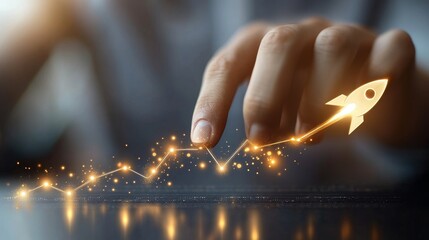 Merchants touch virtual screens with business icons (including rockets) representing growth curves, business plans, strategies, and success roadmaps in marketing, technology, and innovation.