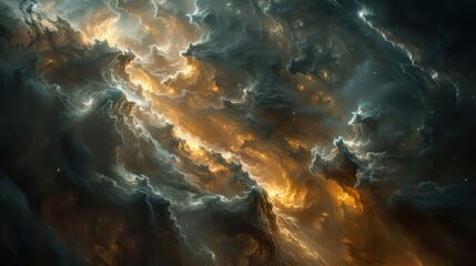 Fototapeta premium A dramatic cosmic scene featuring swirling clouds and luminous colors, evoking a sense of wonder.