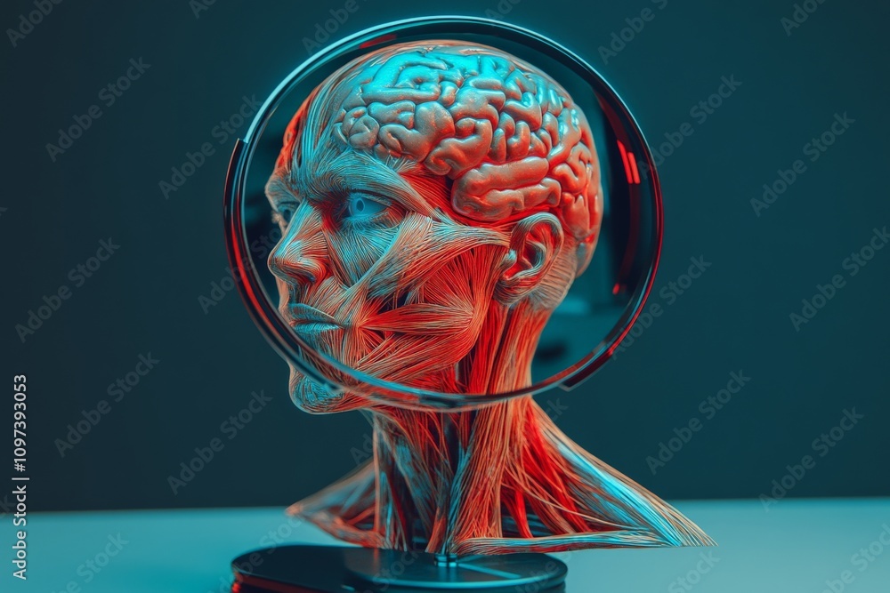 Poster anatomical rendering of a human head with a transparent skull revealing a glowing red brain symboliz
