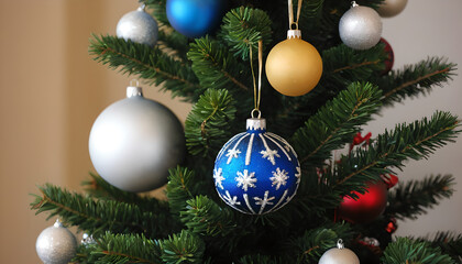 Christmas balls and lights ornaments Christmas tree celebrates the new year in the living room generative ai 