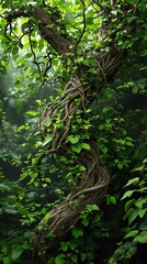 Close-up of a thick stem with lush green leaves and vines in a dense garden setting , nature, leaves, garden, vines