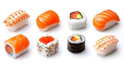Sushi Platter: An assortment of delectable sushi pieces, showcasing salmon nigiri, shrimp sushi, and maki rolls, artfully arranged for a visually appealing culinary image. 