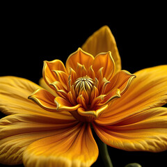 Obraz premium Close-up of a yellow metal flower on black background, decorative, minimalistic, black