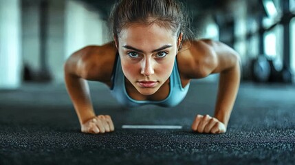Fototapeta premium Fit female performing push ups in a gym environment showcasing arm strength endurance and focus under soft lighting emphasizing a strong and determined workout mindset