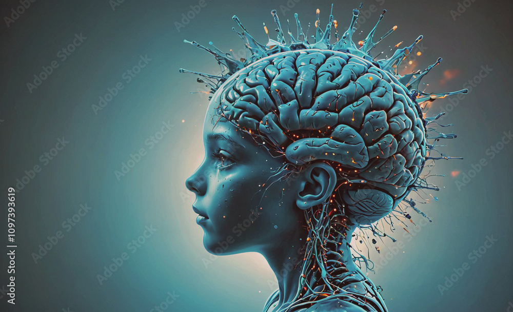Poster a girl's head with a brain on it. the brain is surrounded by a lot of sparks