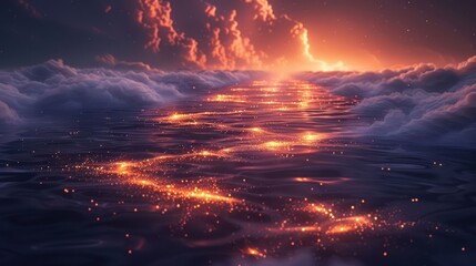 Fototapeta premium A serene sunset over a shimmering ocean, reflecting vibrant colors and sparkling lights.