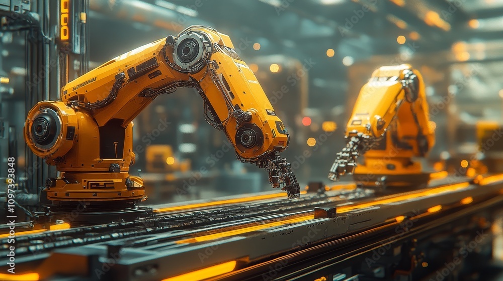 Poster a modern factory with two robotic arms on a conveyor belt, symbolizing the digitalization and automa