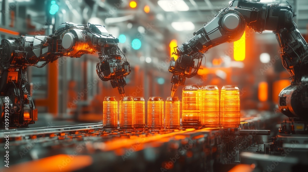 Poster a modern factory with two robotic arms on a conveyor belt, symbolizing the digitalization and automa