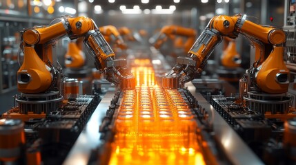 A modern factory with two robotic arms on a conveyor belt, symbolizing the digitalization and automation of Industry 4.0, representing innovation and advanced manufacturing technology.