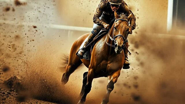 Horse racing event showcasing a jockey riding hard on a thoroughbred in a dust-filled track during a vibrant competition