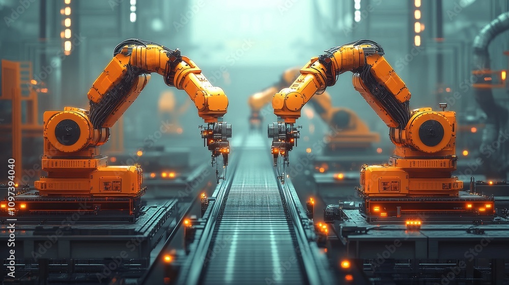 Poster a modern factory with two robotic arms on a conveyor belt, symbolizing the digitalization and automa