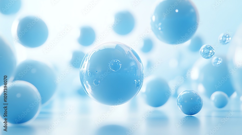 Poster a serene composition of floating blue bubbles against a soft background.