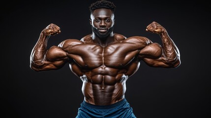 Obraz premium Bodybuilder flexing both arms in a confident pose highlighting defined biceps muscular chest and strength in a gym with a textured blue background