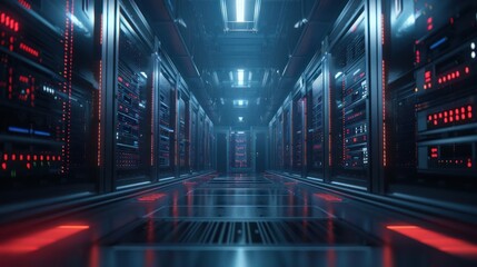 A futuristic data center corridor with illuminated servers and a high-tech ambiance.