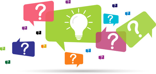 Speech bubbles with question marks symbols and light bulb icons. Solution or idea vector illustration.