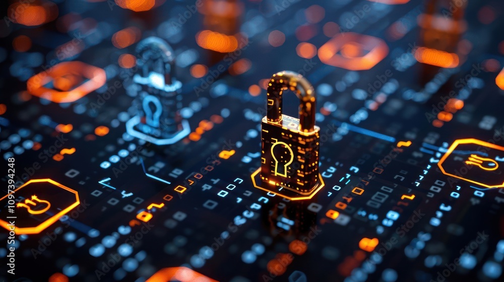 Poster digital locks on a circuit board, symbolizing cybersecurity and data protection.