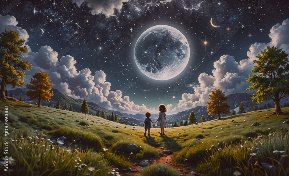 Poster A child and a small child are walking in a field under a large moon. The sky is cloudy and the moon is bright