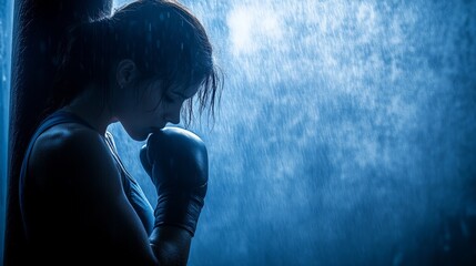Fototapeta premium Female boxer with wet hair standing in a darkened gym resting between rounds under dramatic blue backlight symbolizing resilience focus and strength