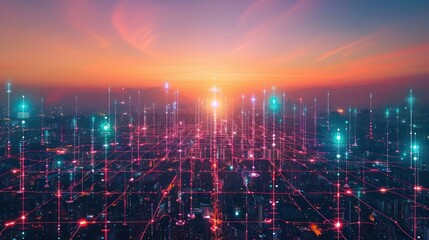 Obraz premium A futuristic cityscape at sunset, overlaid with a digital grid and glowing points of light.