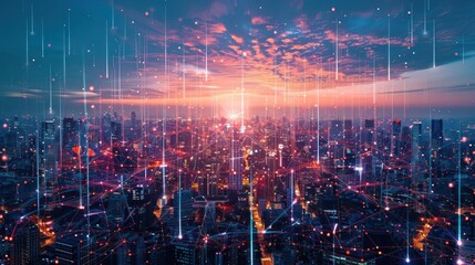 Obraz premium A digital representation of a city skyline at sunset with network connections overlay.