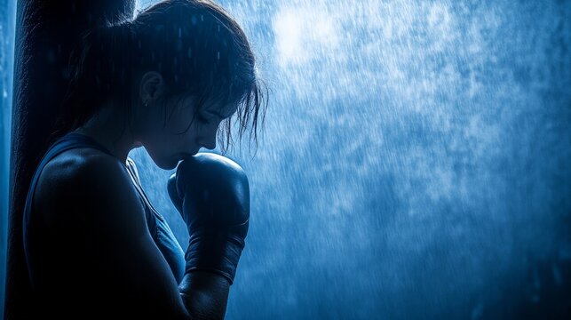 Female boxer with wet hair standing in a darkened gym resting between rounds under dramatic blue backlight symbolizing resilience focus and strength - Powered by Adobe