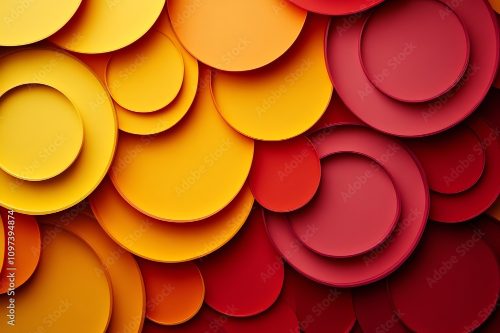 Poster A vibrant arrangement of circular shapes in warm colors, creating a dynamic graphic design.